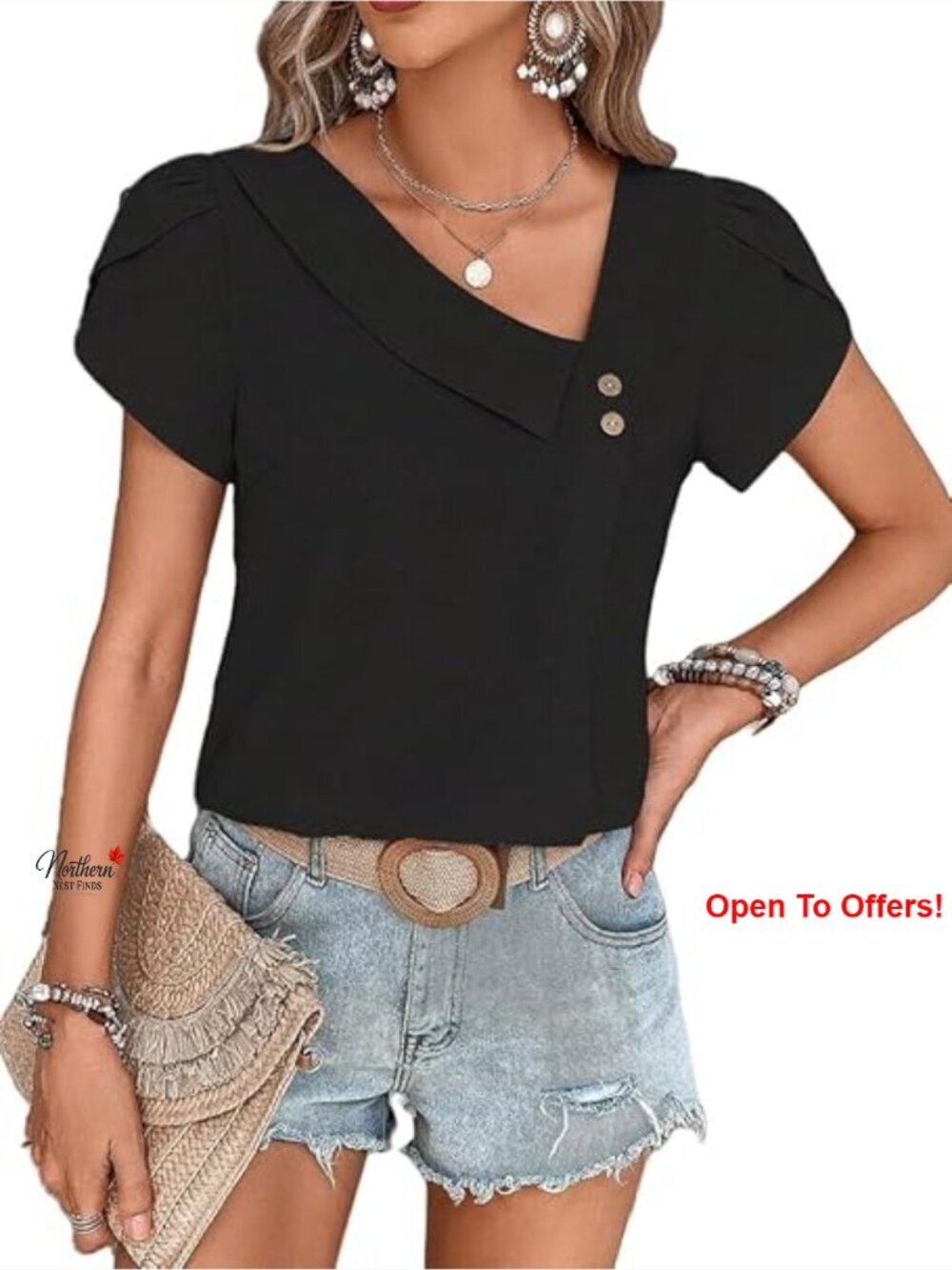 Lightweight Polyester Blouse with Asymmetric Neckline Button Down